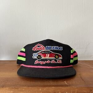 Vintage Yupoong Coors Bill Elliott Black SnapBack 3 Stripe Trucker Hat 80s EUC
